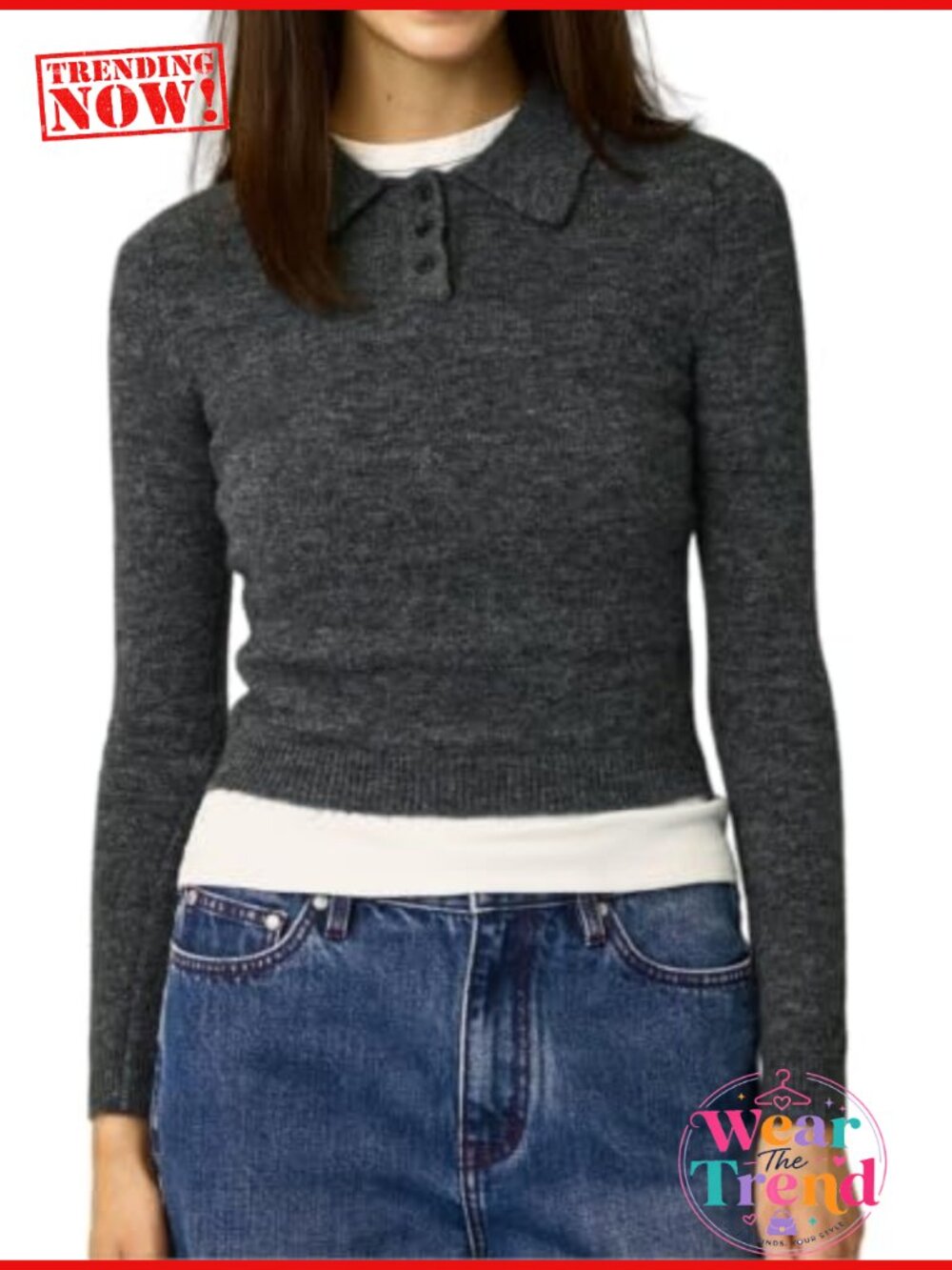 Wool Blend Collared Polo Cropped Sweater Pullover Long Sleeve